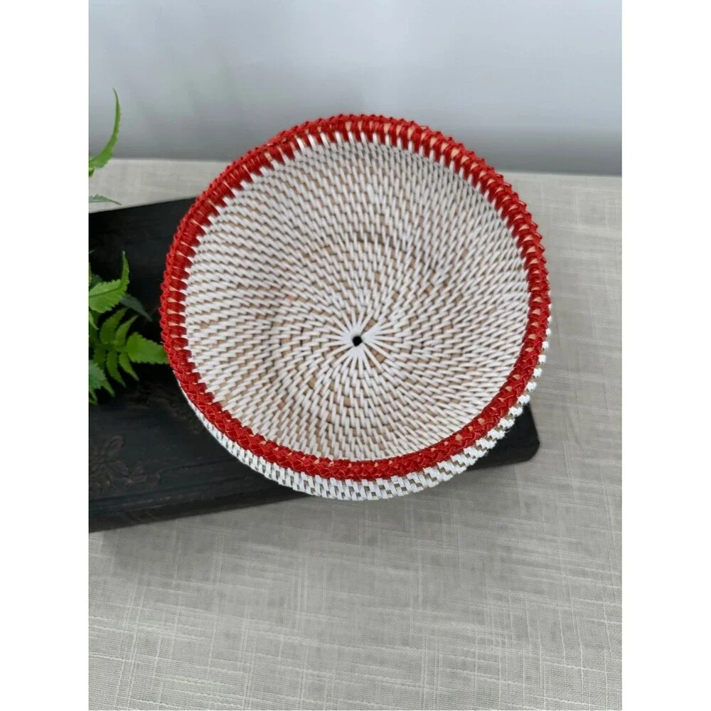 Vintage Woven Pedestal Basket Bowl Red Trim Boho Cottagecore Centerpiece Decor
